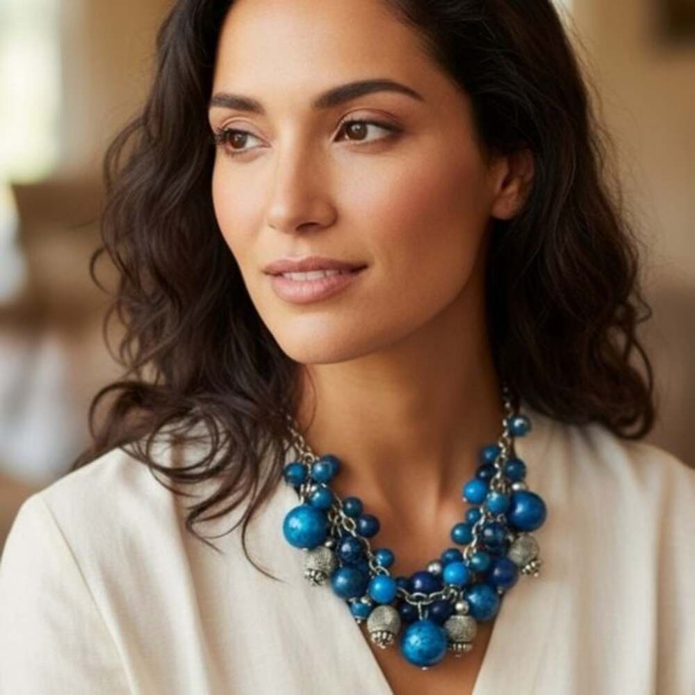 Blue Beaded NecklaceStatement Blue Beaded Silver Tone Chain Necklace